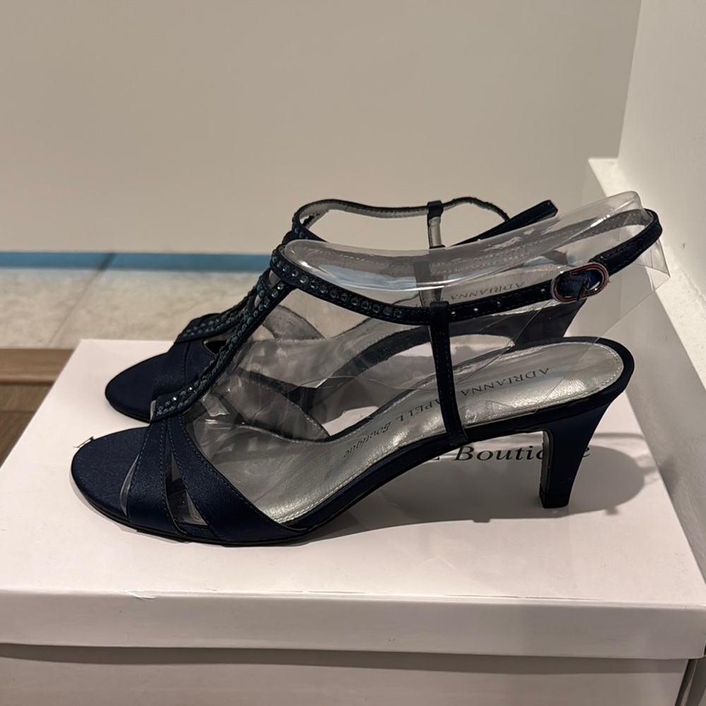Adrianna Papell Navy T-Strap Slingback Heels with Crystal Accents